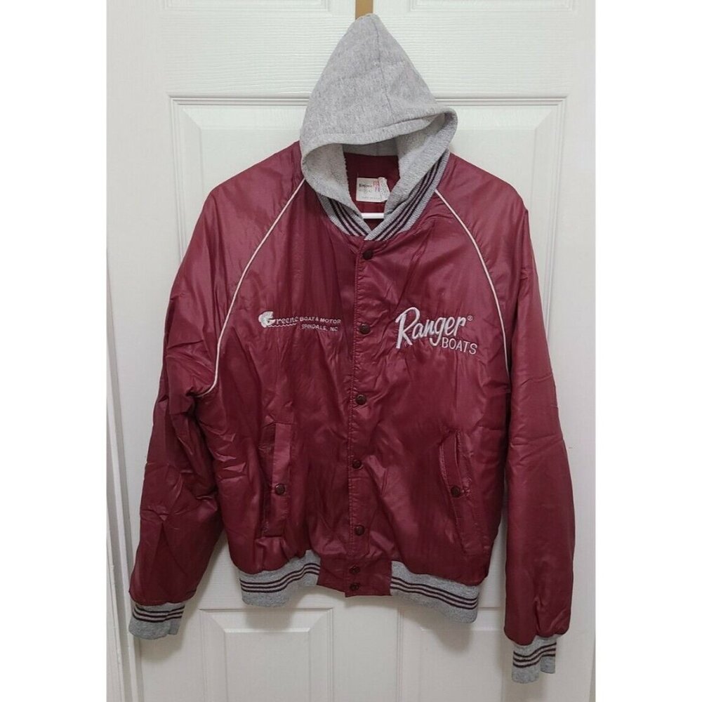 Vtg King Louie Ranger Bass Boats Embroidered Hooded Jacket Flippin Ark. USA Sz M